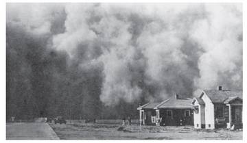 �Hauts erauntsia�. 1930 ondoko urteetan sarritan izan ziren haize erauntsiak Estatu Batuetako erdialdean. Ordu arte lurralde haietan bultzatzen ari zen nekazaritza intentsiboaren zati handi batek hondoa jo zuen erauntsi horien ondorioz.<br><br>